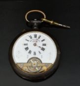 Hebdomas keyless winding open faced pocket watch with visible escapement, gold hands, black Roman