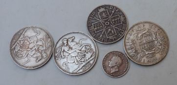 Three crowns for 1937, 1889 and 1896, 1889 double florin and a Georgian coin