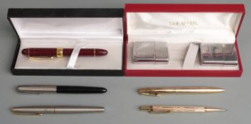 Quantity of pens to include Sheaffer White Dot in box, Parker 45, rolled gold Yard-o-led etc and two