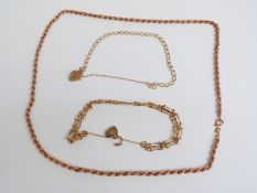 Two 9ct gold bracelets and a 9ct rose gold necklace, 12.5g
