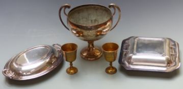 Silver plated trophy, height 25cm and two serving dishes