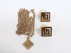 A gold Greek key pendant on 9ct gold chain and matching earrings, 9.8g