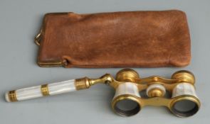 Pair of mother-of-pearl opera glasses marked Iris, Paris, in kid leather purse