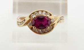 A 14ct gold ring set with synthetic ruby and cubic zirconia, 3.6g, size T