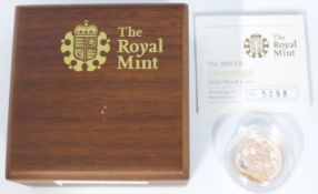 2009 gold full sovereign in Royal Mint deluxe case, proof edition with certificate.
