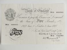 Peppiat 1947 white five pound note, thinner paper with metal security thread, prefix M, crisp and