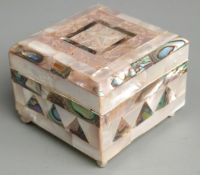 Mother-of-pearl and abalone trinket box, raised on four feet, H6cm, W7.5cm