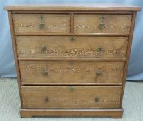 19thC pitch pine chest of two over three straight graduated drawers, W110 x D54 x H115cm