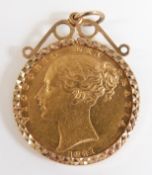 1861 gold full sovereign, Victoria young head, in 9ct gold mount, 9.1g