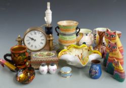 Art Deco vase, Art glass items with aventurine decoration, Russian lacquer items, brass mantel