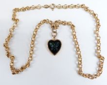 A 9ct gold necklace with heart shaped opal mosaic pendant decorated with a butterfly, 25cm drop, 6.