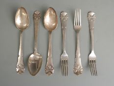 Set of six Danish white metal spoons and forks with Danish silver marks for 1922 maker Christian