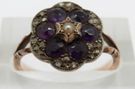 Victorian gold ring set with a central pearl, foiled amethyst and diamonds, 3g, size K