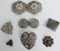 Victorian hallmarked silver heart shaped brooch, Chinese silver belt buckle, silver buckle parts,