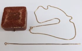 A 9ct gold necklace and a matching bracelet made up of square links, 7.3g