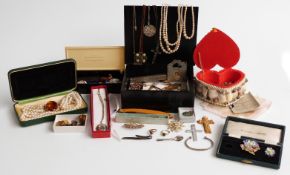 A collection of costume jewellery including brooches, necklaces. abalone pendant, 9ct gold ring