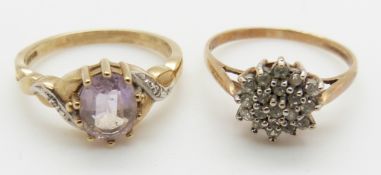 A 9ct gold ring set with an amethyst and diamonds and a 9ct gold cluster ring, 4.6g