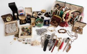 A collection of costume jewellery including brooches, watches, Sekonda watch, Miracle cufflinks,