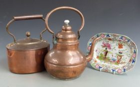 Two copper kettles, one stamped Brevette GP and a Masons Oriental patterned dish