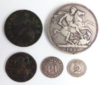 James II 1687 Maundy threepence George II 1746 twopence, together with an 1892 Victorian Jubilee