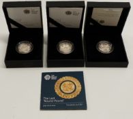 Royal Mint cased silver proof £1 coins comprising Cardiff, London and 'The Last Round Pound', with