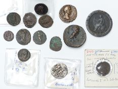 A small collection of Roman coins, cartwheel penny etc in Jerusalem olive wood box