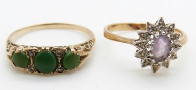 Two 9ct gold rings, one set with an amethyst and diamonds, 5g