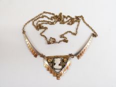 Art Deco gold plated Egyptian Revival necklace set with a cameo, 23cm drop