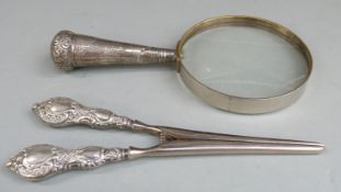 Hallmarked silver handled magnifying glass, London 1921, length 19.5cm and a pair of hallmarked