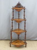 Victorian inlaid walnut four tier corner whatnot, H145cm