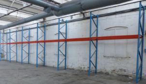 Six bays of heavy duty pallet racking comprising seven 360x90cm uprights and twelve 280cm cross