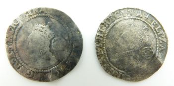 Two Elizabeth I (1558-1603) hammered silver rose sixpences for 1572 and 1580, F-F+