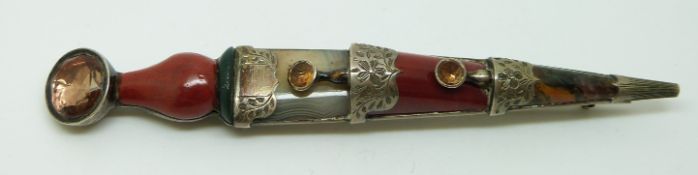 Scottish Victorian silver brooch/kilt pin set with agate and foiled paste, length 9.8cm