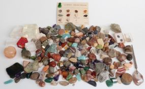 A large collection of mineral samples including cinnabar, carnelian, obsidian etc, some on named