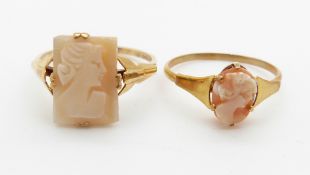 Two 9ct gold rings each set with a cameo, 2.9g