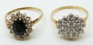 A 9ct gold ring set with a sapphire and cubic zirconia and a 9ct gold ring set with cubic