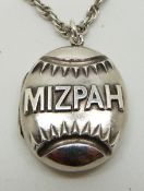 Victorian silver locket with raised Mizpah text, on silver chain