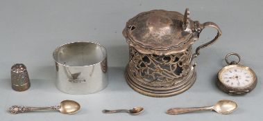 Victorian hallmarked silver mustard with period decoration to glass liner, height 7.5cm,