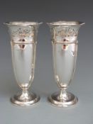 Pair of Mappin & Webb George V hallmarked silver vases with pierced decoration and panelled Art