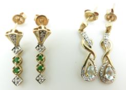 A pair of 9ct gold earrings set with emeralds and diamonds and another pair set with an aquamarine