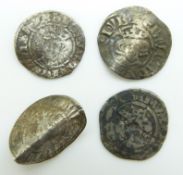 Four various Edward hammered silver pennies, London mint etc