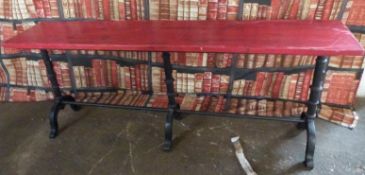 Industrial/haberdashery/shopfitting two cast iron trestle tables, one with wooden top, W200 x D42