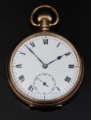 Gold plated keyless winding open faced pocket watch with inset subsidiary seconds dial, blued hands,