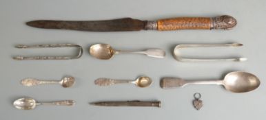 Quantity Georgian and later hallmarked silver including two pairs of sugar tongs and three spoons,