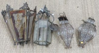 Pair of caged glass hanging lights and two further hanging lights