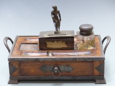 Silver plated Art Nouveau desk stand, width 29.5cm, and a hallmarked silver salt spoon