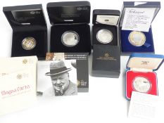Five silver coins comprising two crowns, Magna Carta two pound, Royal Canadian Mint twenty dollar