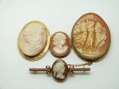 A 9ct gold pendant/brooch set with a cameo, two other cameos and a 9ct gold bar brooch set with a