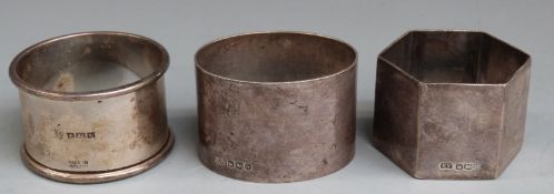 Three various hallmarked silver napkin rings, one of hexagonal design, weight 99g