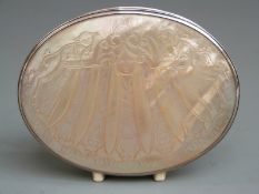 18th century silver mounted mother-of-pearl tobacco box with carved lid, engraved to front Richard